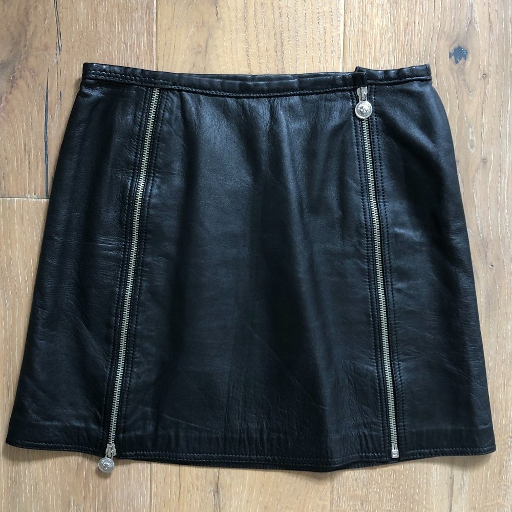 Genuine ITTIERRE Black Leather Double Front Zipper Mini Skirt Size 0-2/XS